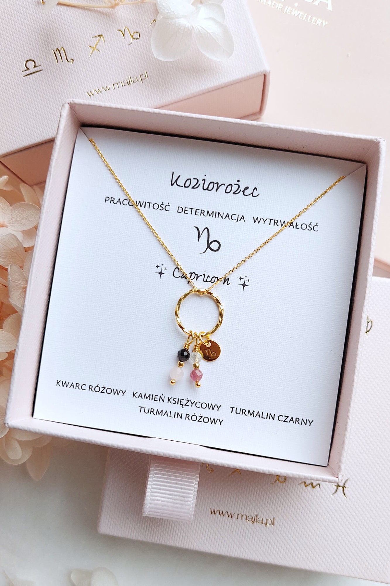 Naszyjnik znaku zodiaku KOZIOROŻEC czarny turmalin kwarc różowy kamień księżycowy turmalin różowy