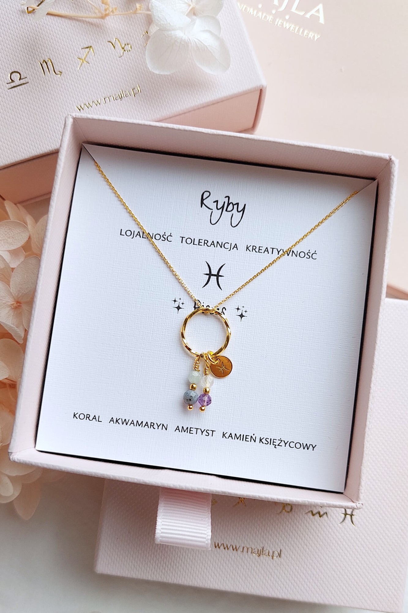 Naszyjnik znaku zodiaku RYBY koral akwamaryn ametyst kamień księżycowy