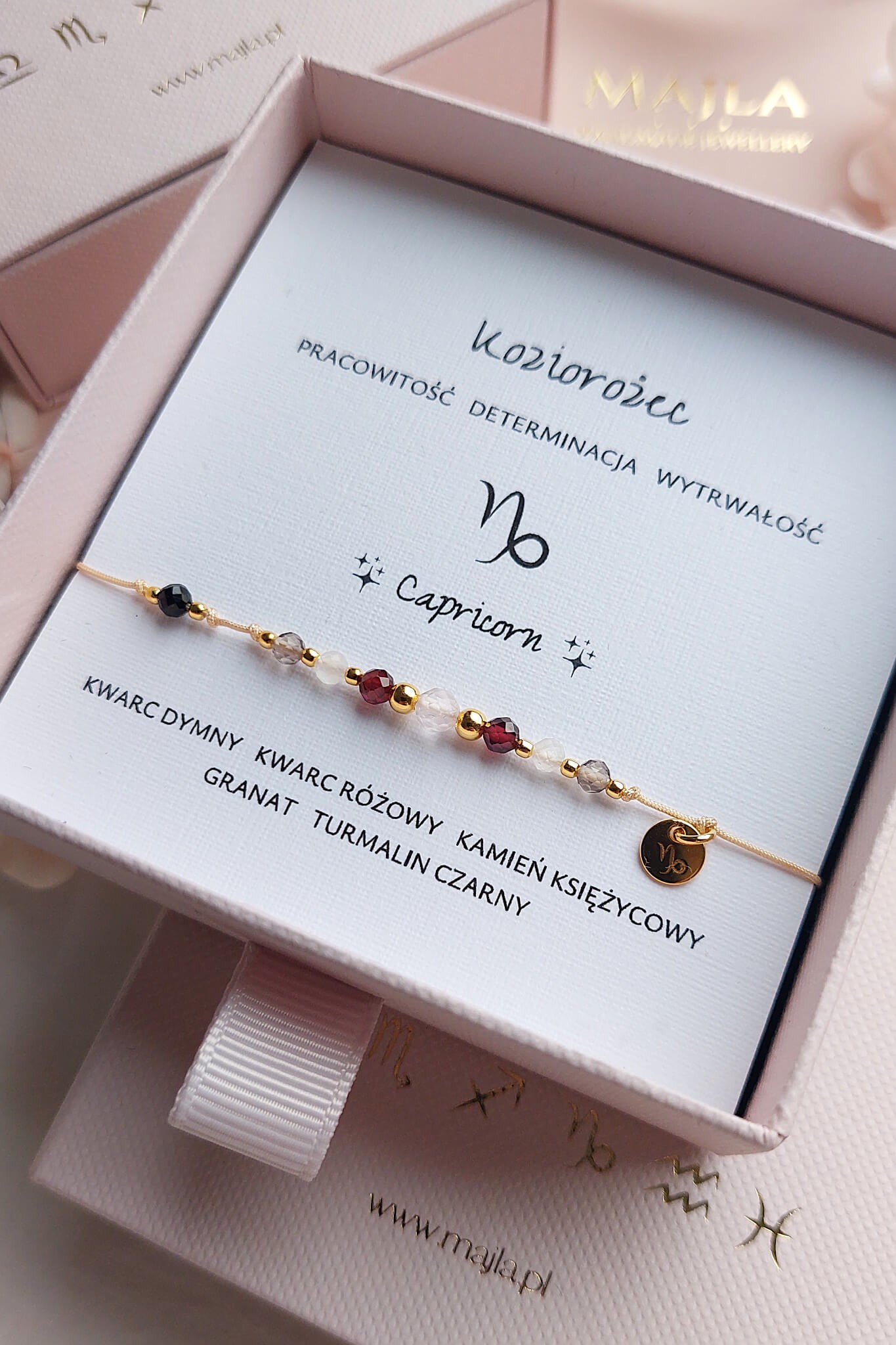Bransoletka zodiakalna Koziorożec z kamieni naturalnych z kwarcem i turmalinem