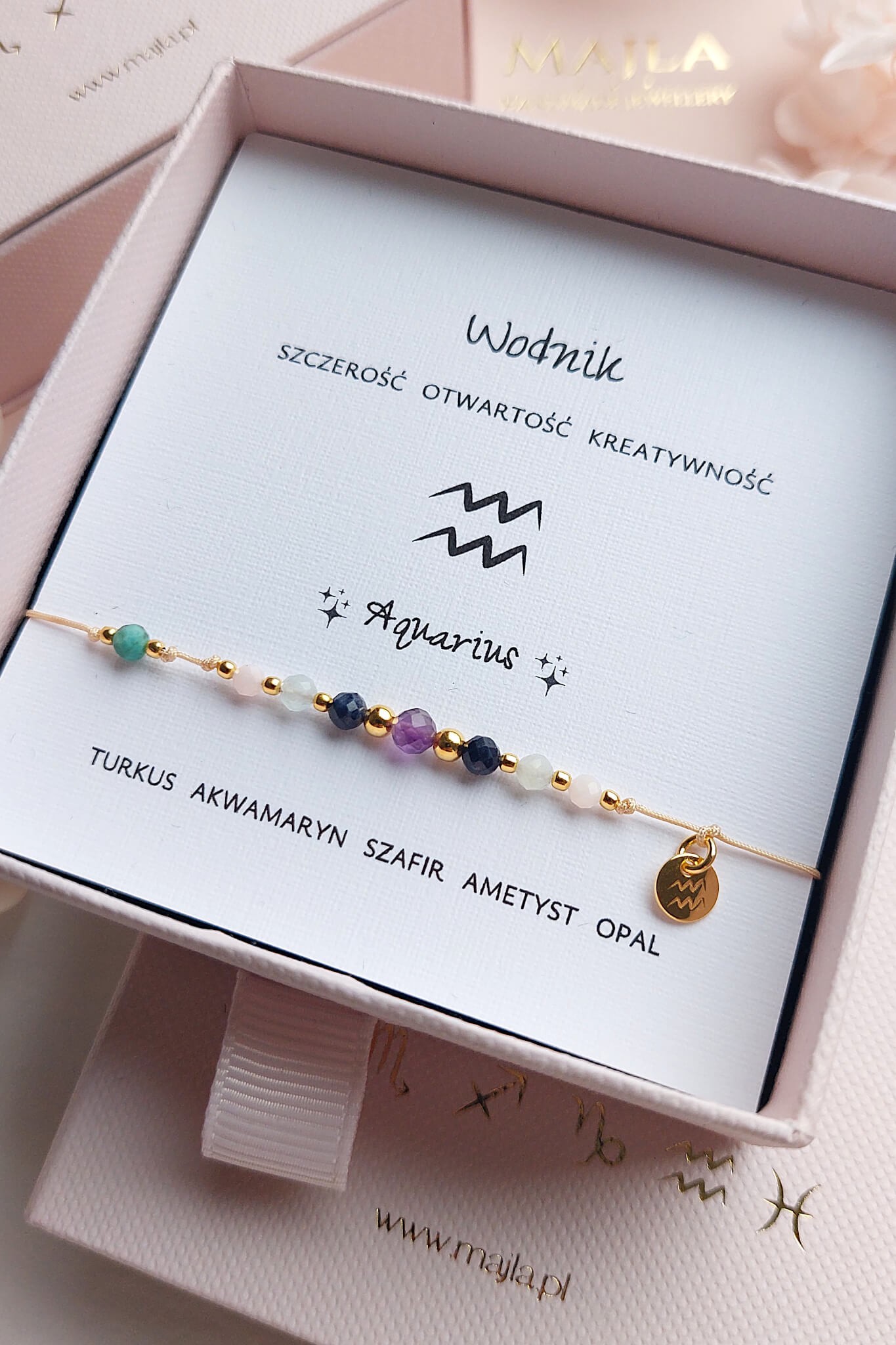 Bransoletka zodiakalna Wodnik z kamieni naturalnych z ametystem i turkusem