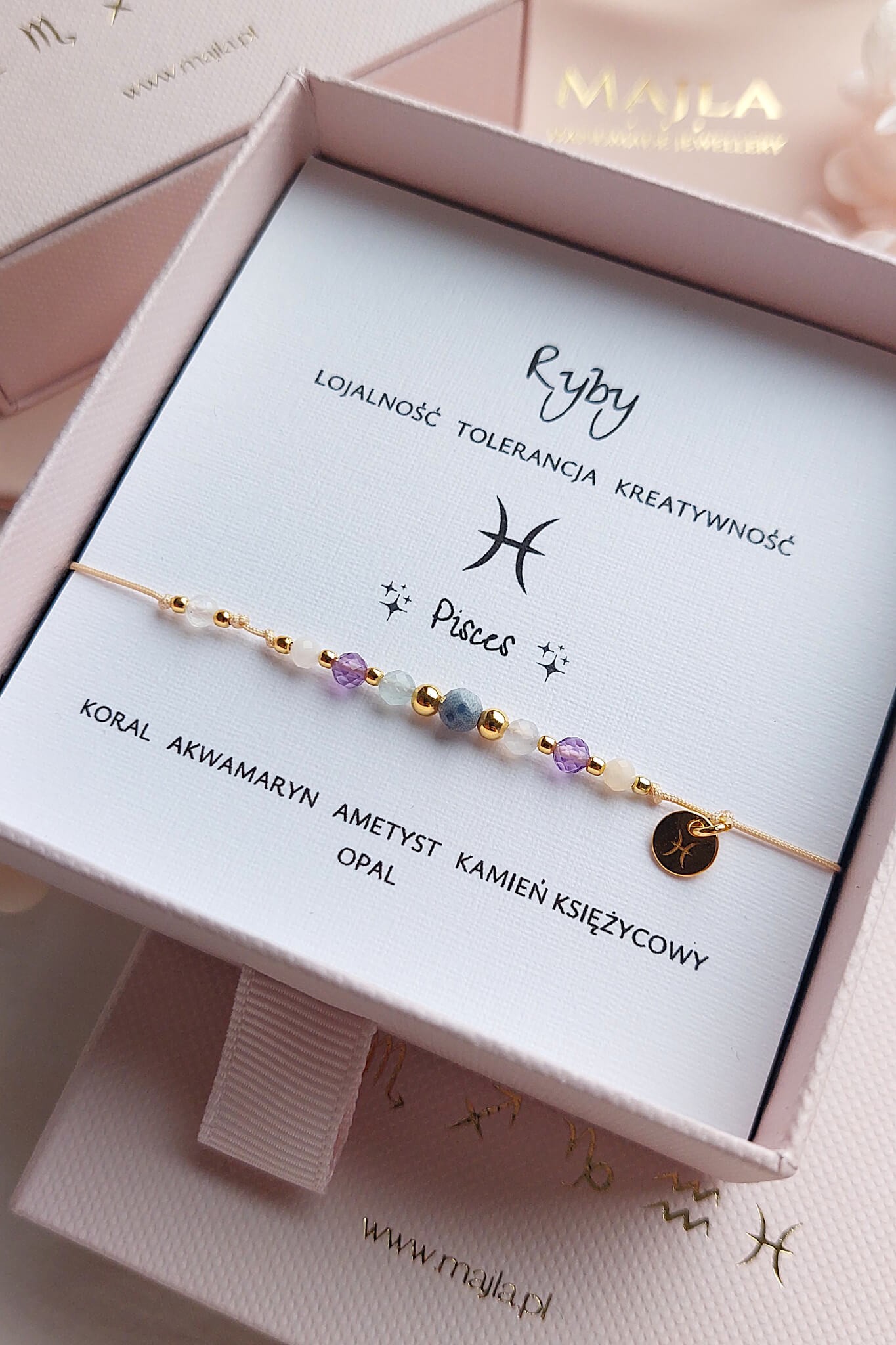 Bransoletka zodiakalna Ryby z kamieni naturalnych z koralem i ametystem