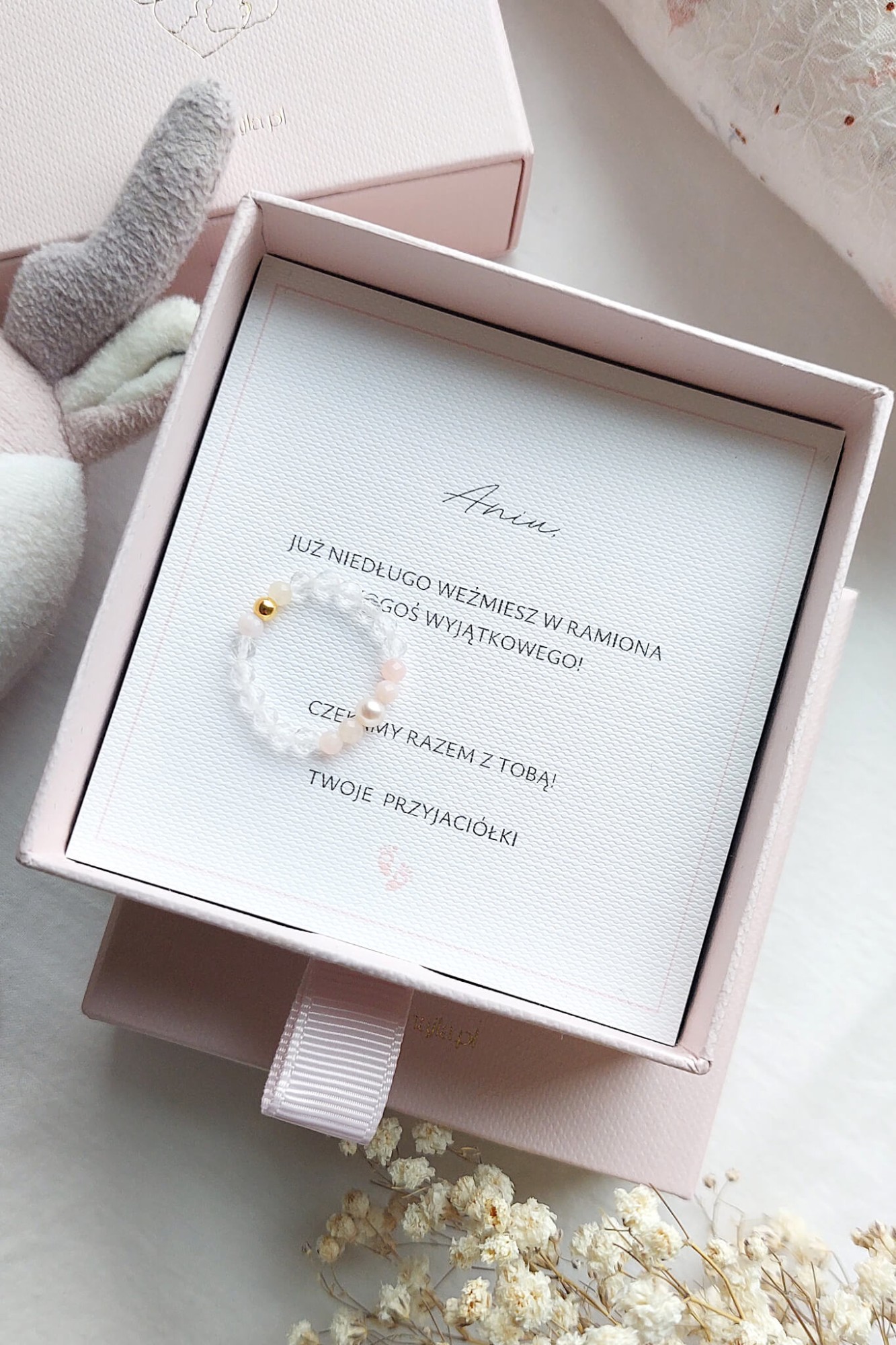 Pierścionek elastyczny dla Przyszłej Mamy Baby Shower perła opal różowy kryształ górski