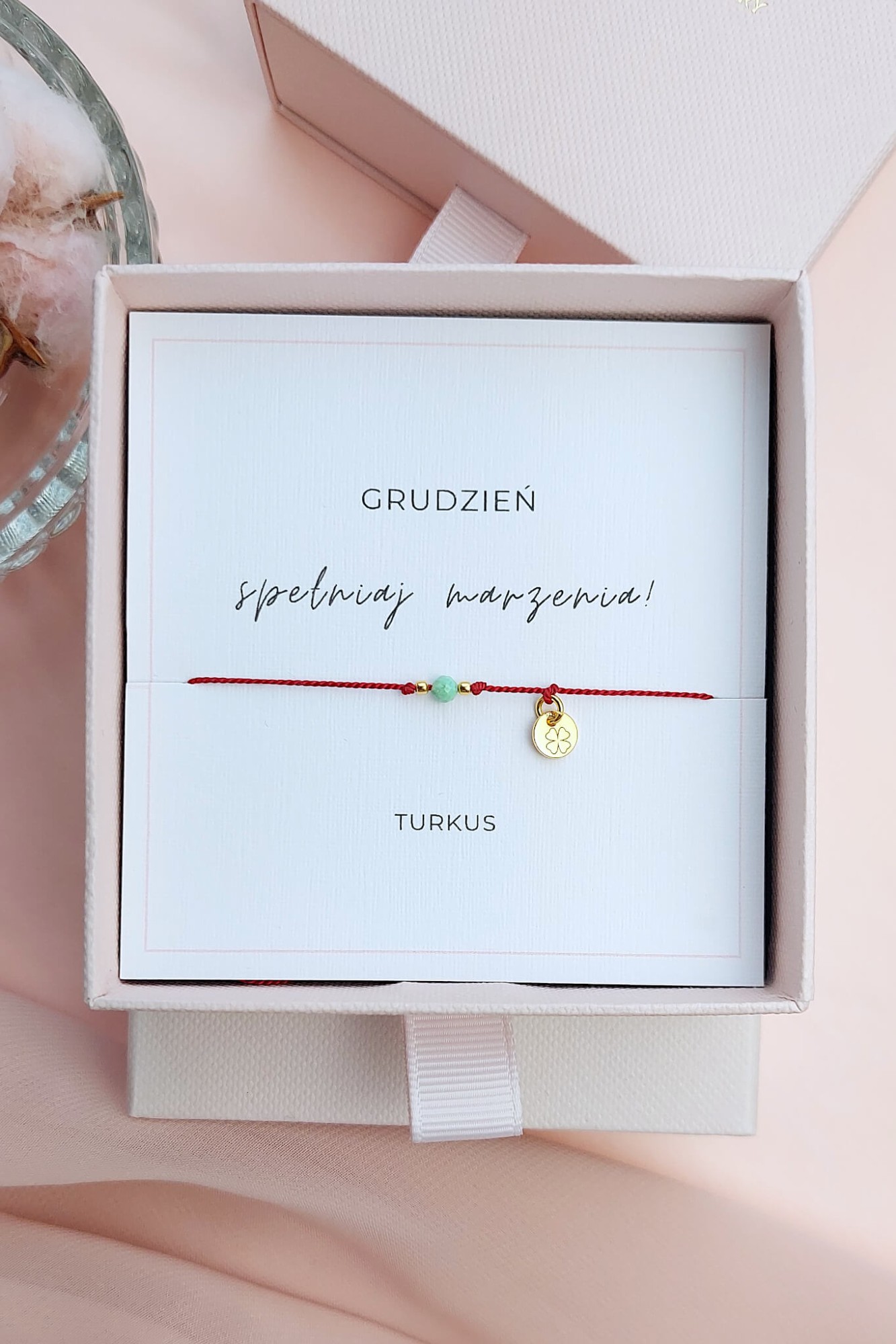 Bransoletka szczęścia na grudzień turkus z koniczynką