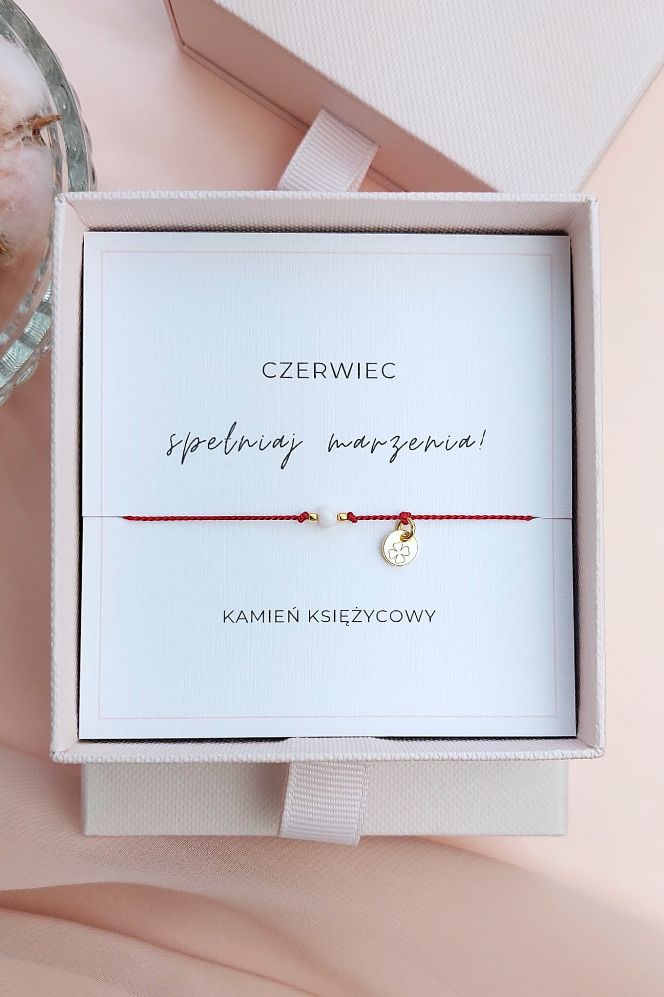 Bransoletka szczęścia na czerwiec kamień księżycowy z koniczynką
