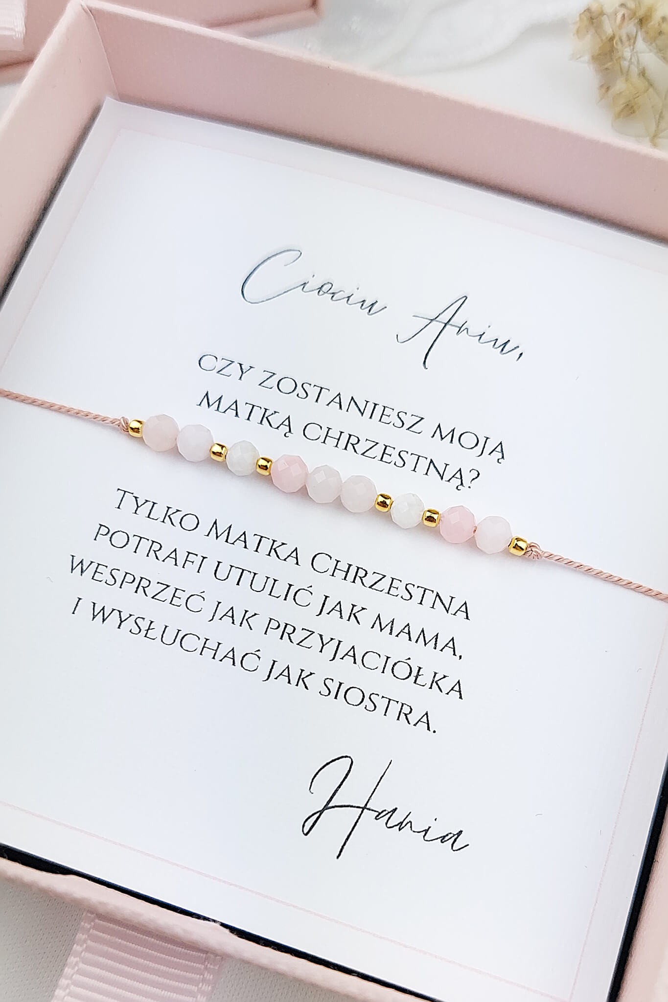 Bransoletka dla Matki Chrzestnej, opal różowy, kamień księżycowy dedykacja
