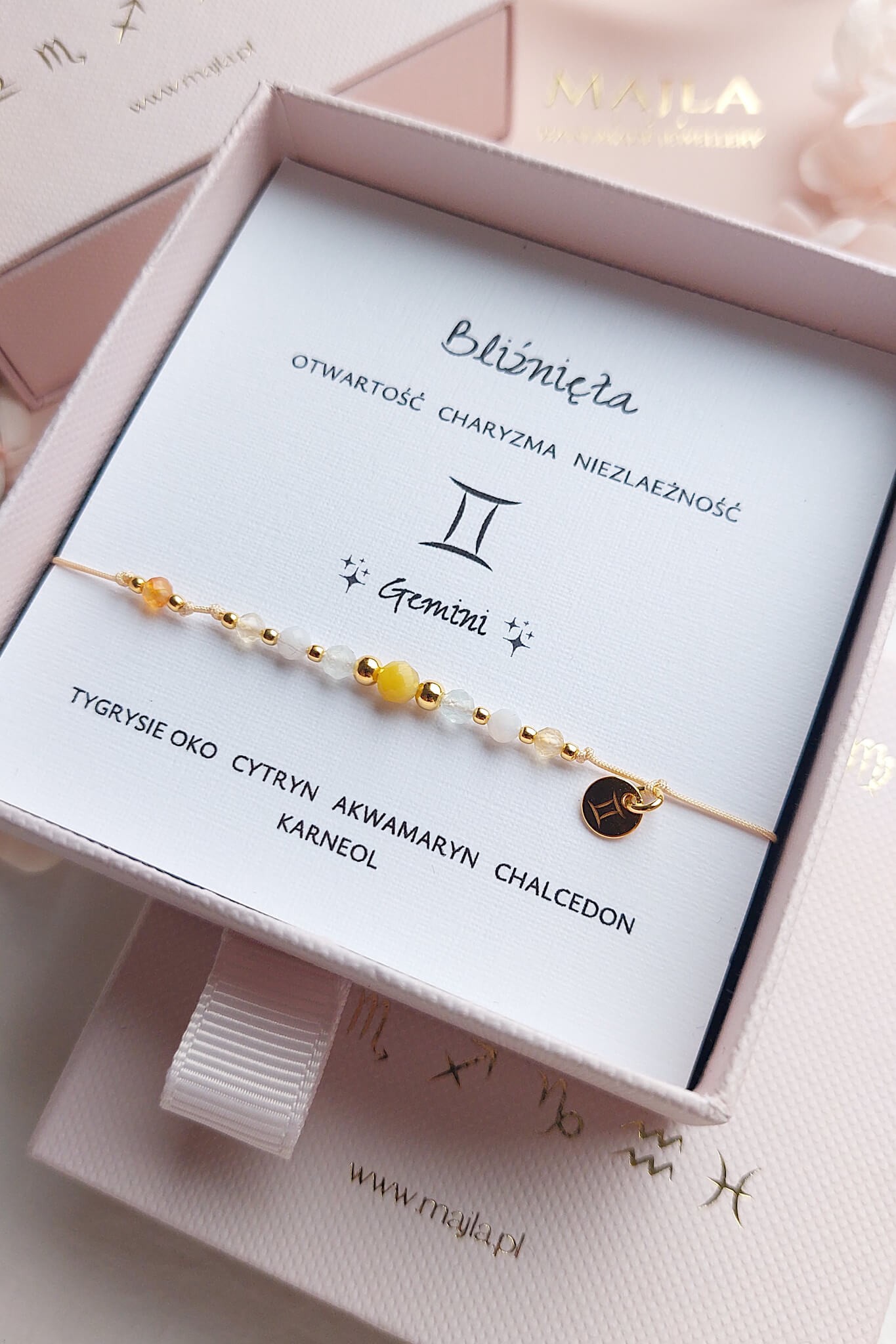 Bransoletka zodiakalna Bliźnięta z kamieni naturalnych z tygrysim okiem i cytrynem