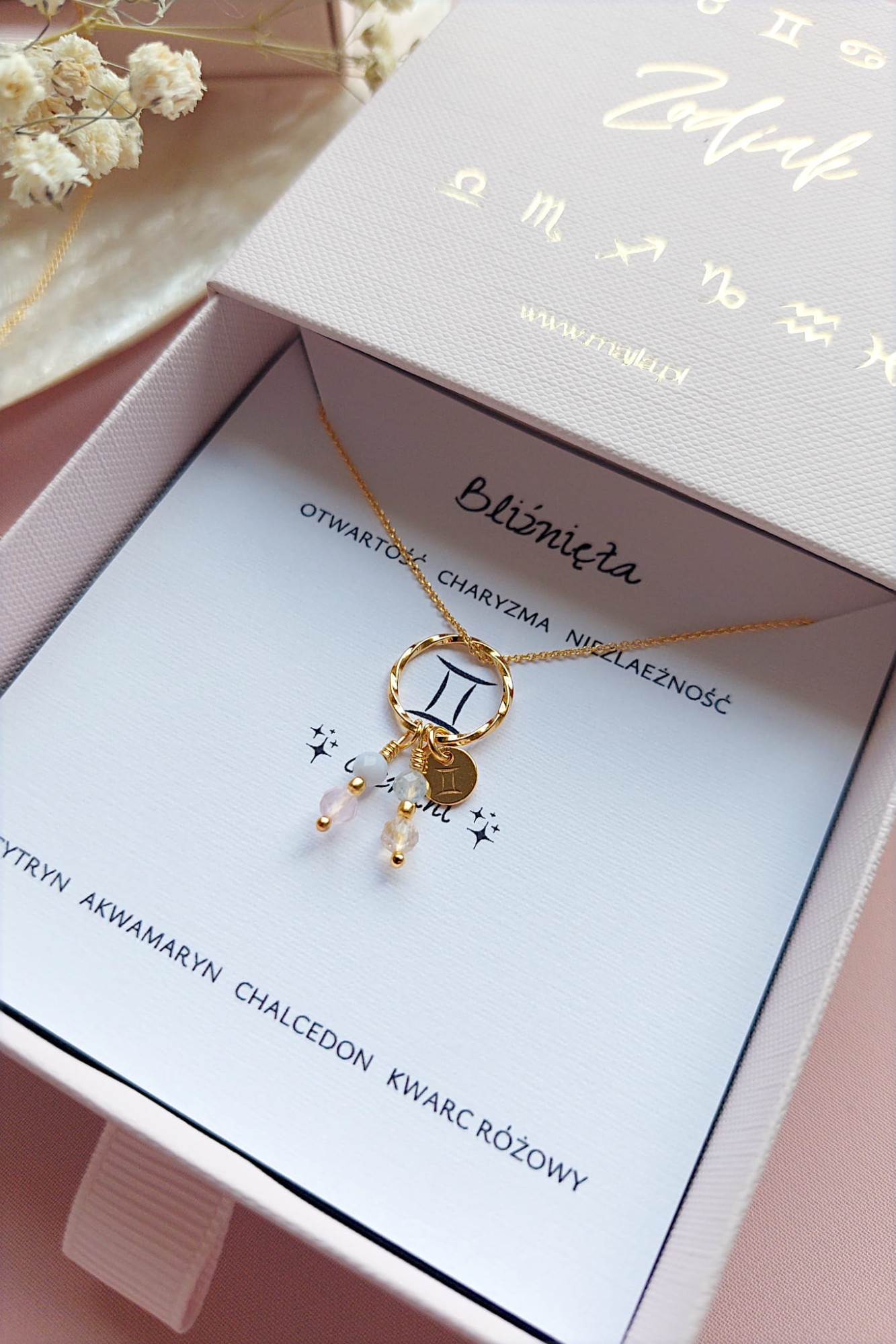 Naszyjnik znaku zodiaku BLIŹNIĘTA cytryn akwamaryn chalcedon kwarc różowy