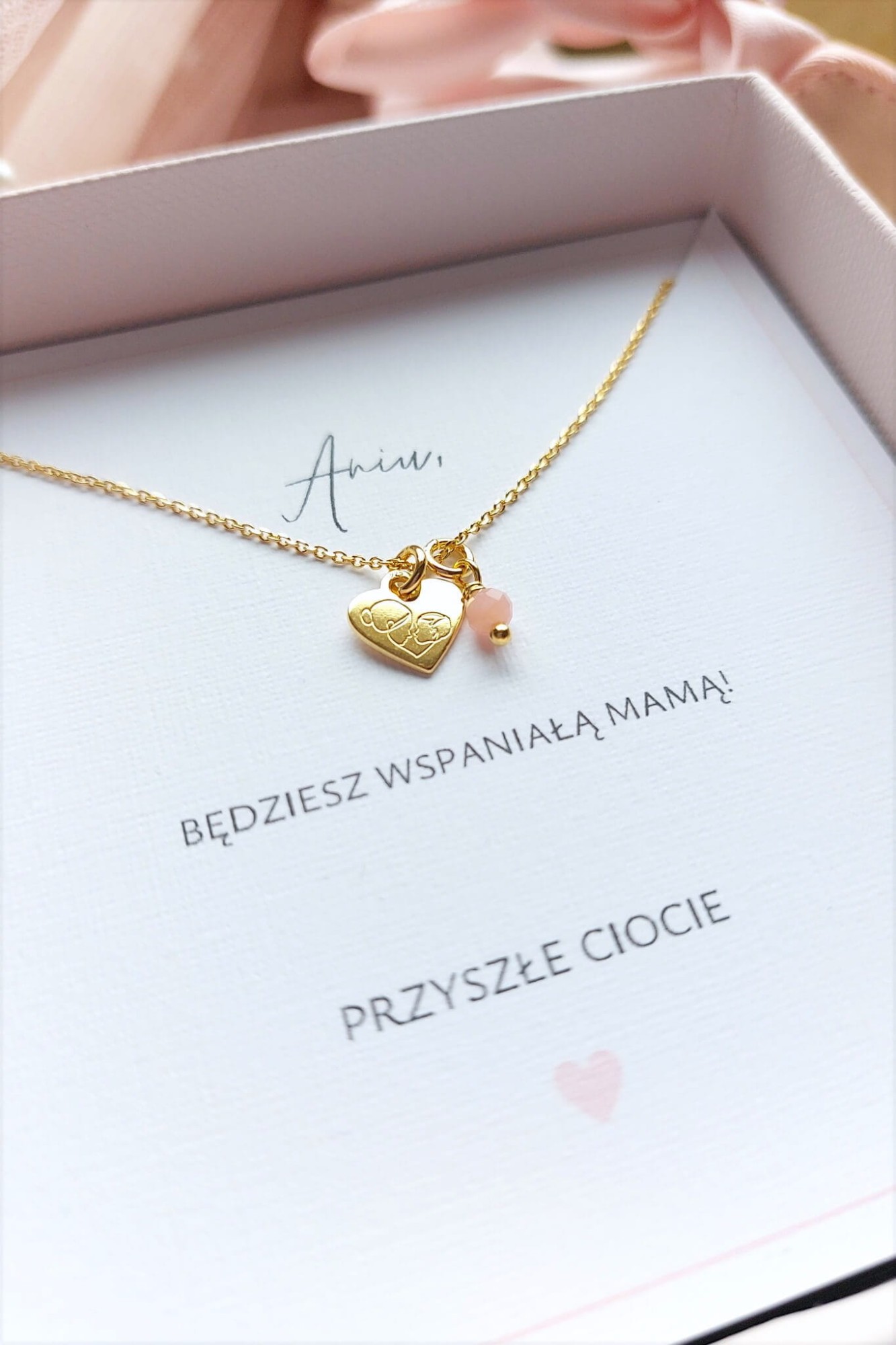 Naszyjnik dla przyszłej mamy baby shower serce opal różowy