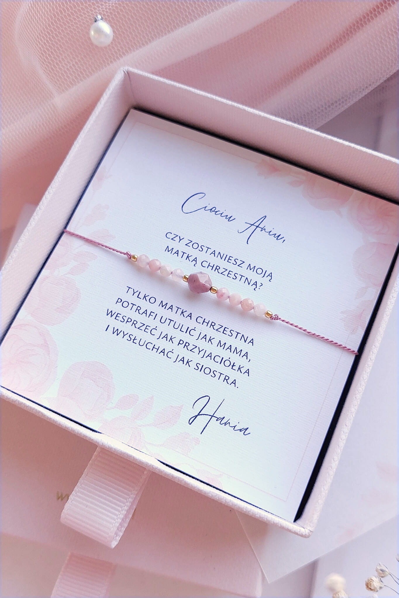 Bransoletka dla Matki Chrzestnej rodonit opal różowy dedykacja