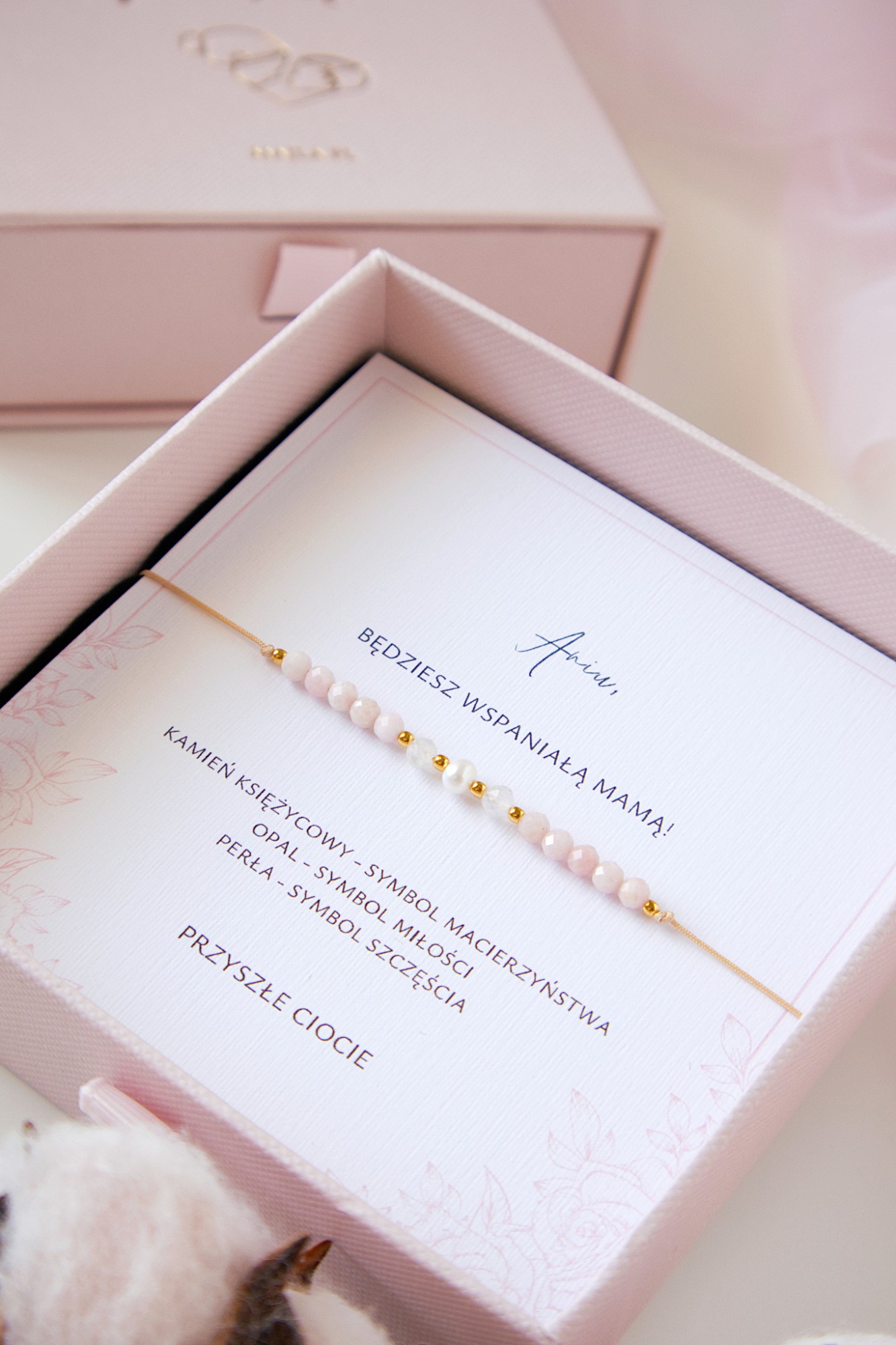 Bransoletka dla przyszłej mamy baby shower perła opal różowy kamień księżycowy