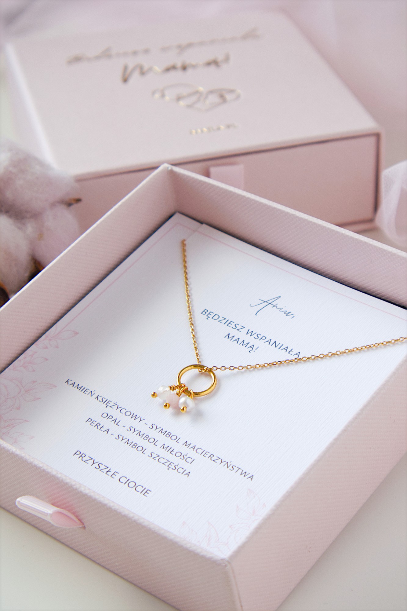 Naszyjnik dla przyszłej mamy baby shower perła opal różowy kamień księżycowy