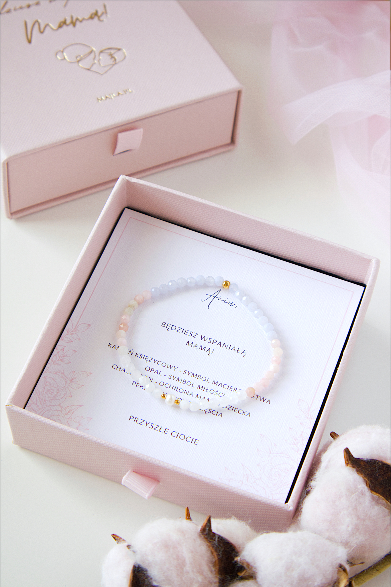 Personalizowana bransoletka z perłą dla przyszłej mamy Baby shower kamienie naturalne