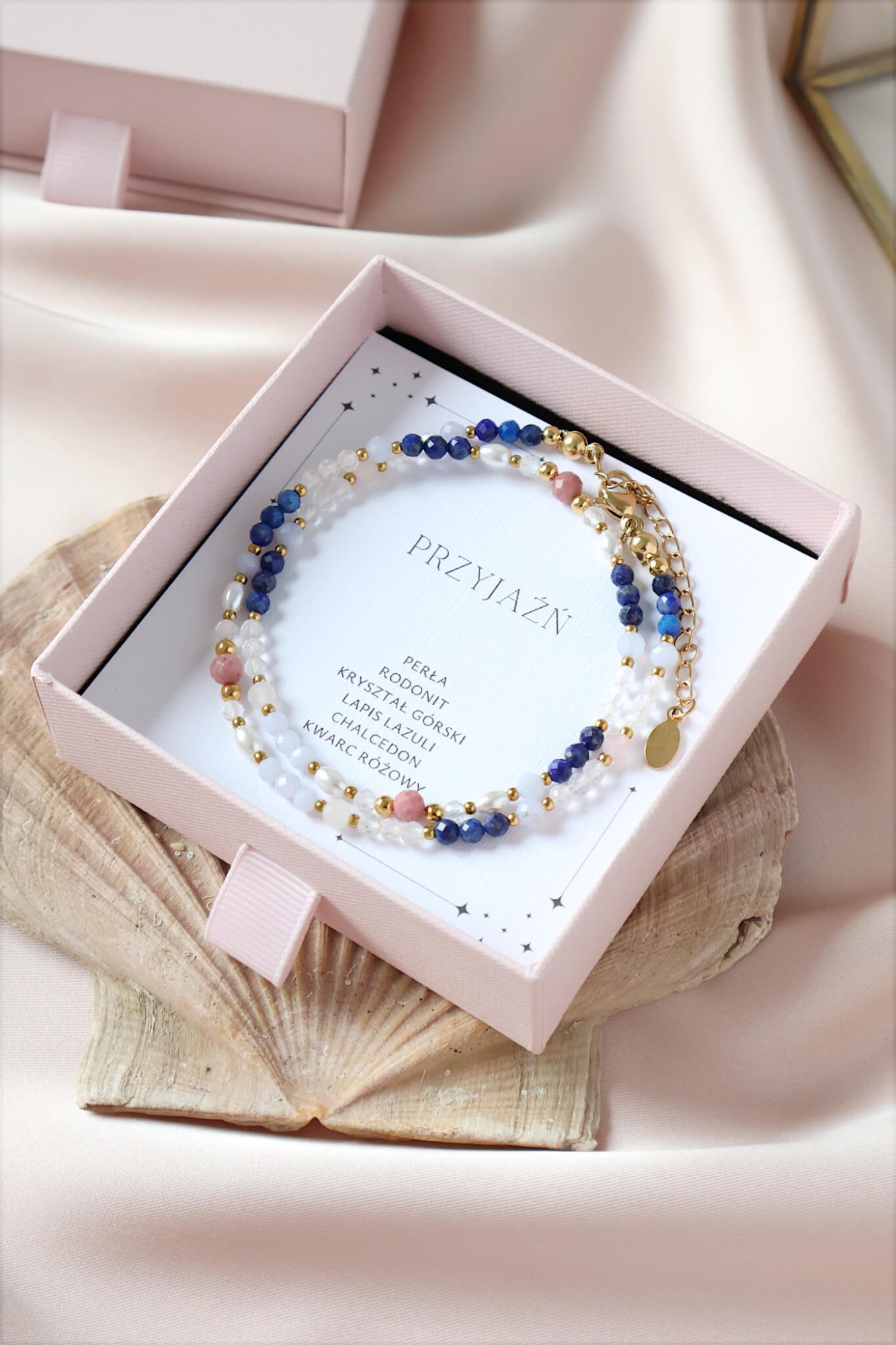Naszyjnik talizman Przyjaźń| lapis lazuli, perła, rodonit, kryształ górski, chalcedon